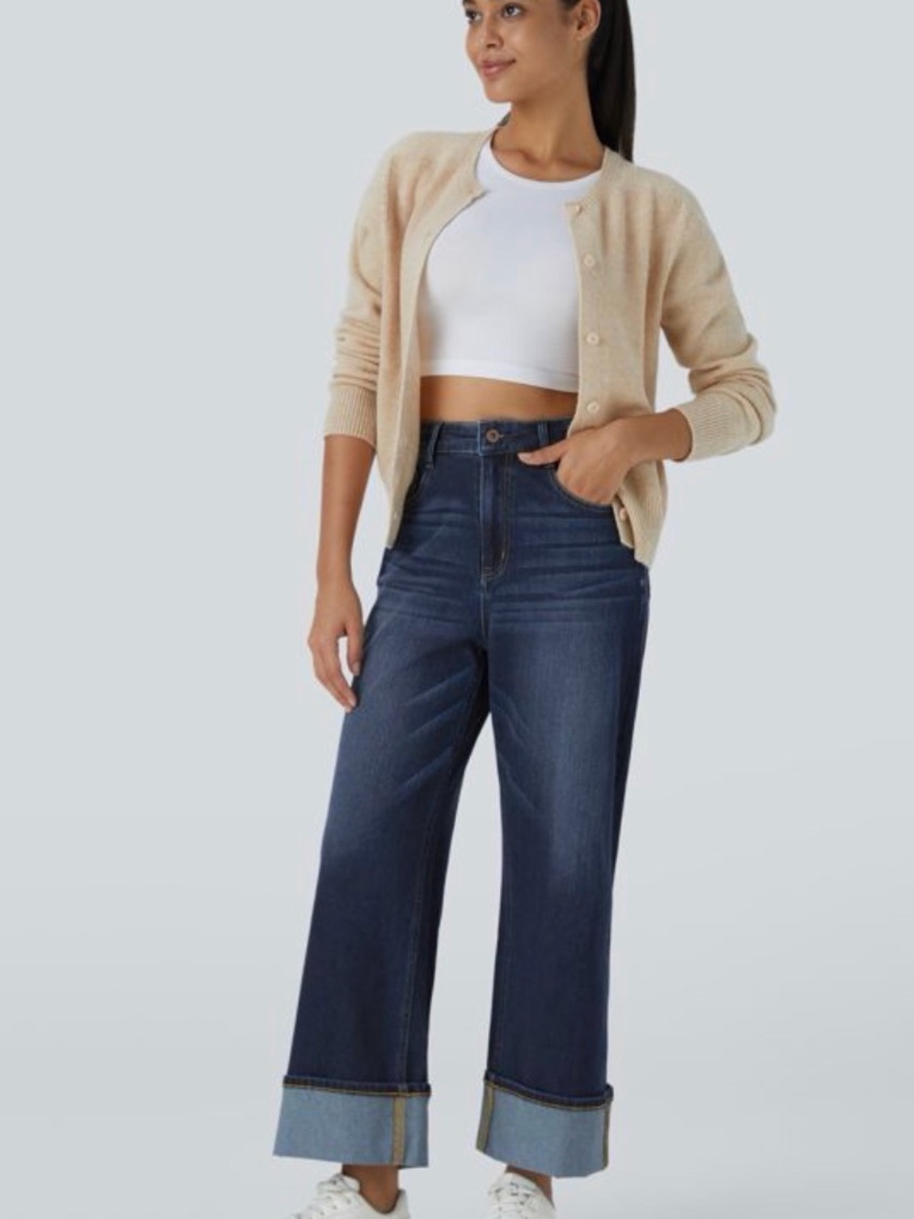 HALARA Dark Blue High-Rise Wide Leg Jeans with Cuffed Hem-MAXIMUM STRETCH